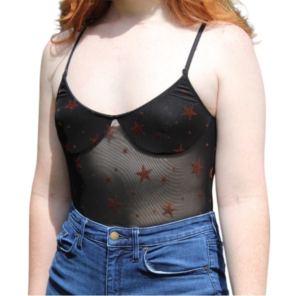 Honey Punch Black Mesh Starred Bodysuit